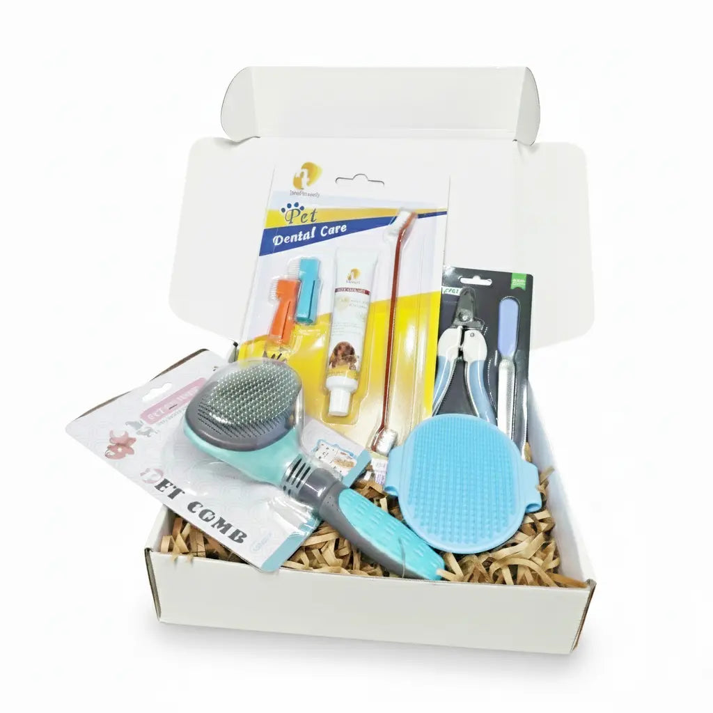 Pack Hygiène Dentaire & Bain pour Chien – Dentifrice + 3 Brosses à Dents + Brosse de Bain